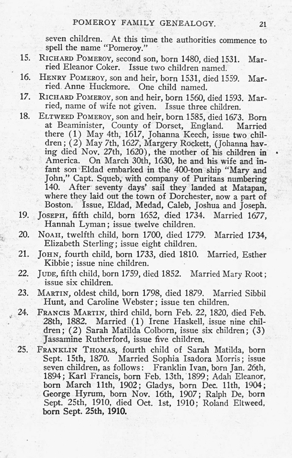 Pomeroy Family Genealogy by Franklin Thomas Pomeroy